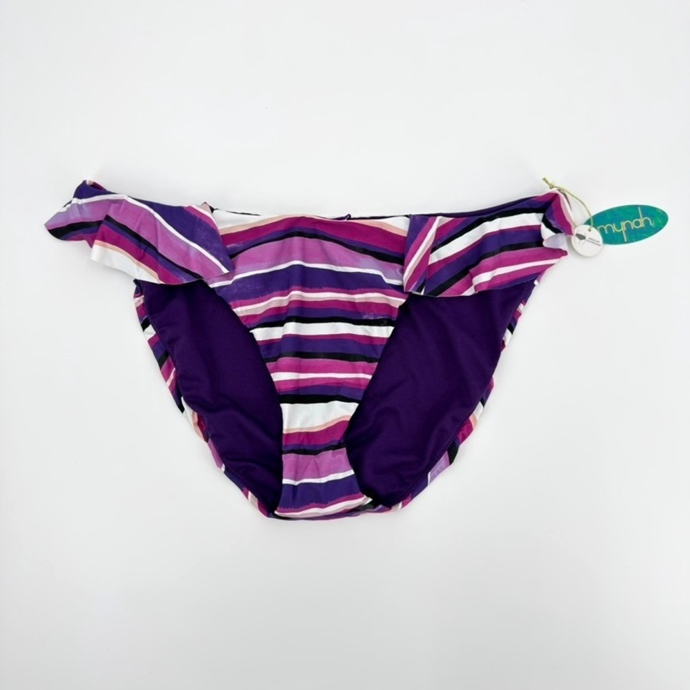Mynah Womens Ruffle Hipster Bikini Swim Bottoms Purple Pink Striped XL NWT